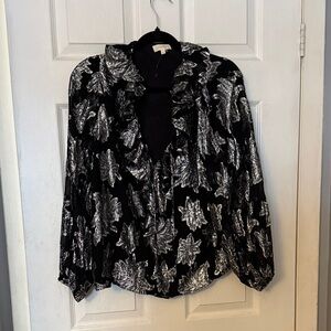 Parker Metallic Silver Floral Ruffle V-Neck Women's Top - Black PTP 21